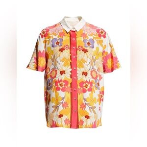 Johnny Was Penny Button Down Shirt Blouse Floral 100%‎ Silk Pink Cream Size S